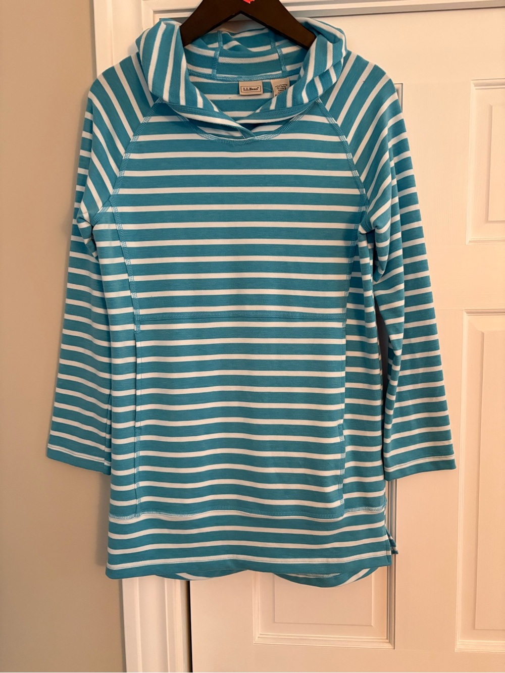 L.L. Bean Women’s Aqua and White Striped Hooded Top